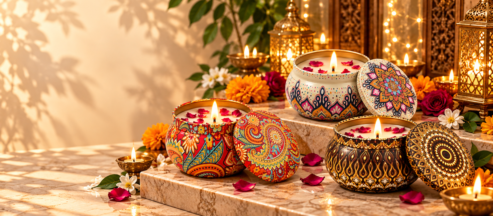Hand-painted tin candles with marigolds, brass lanterns and rose petals
